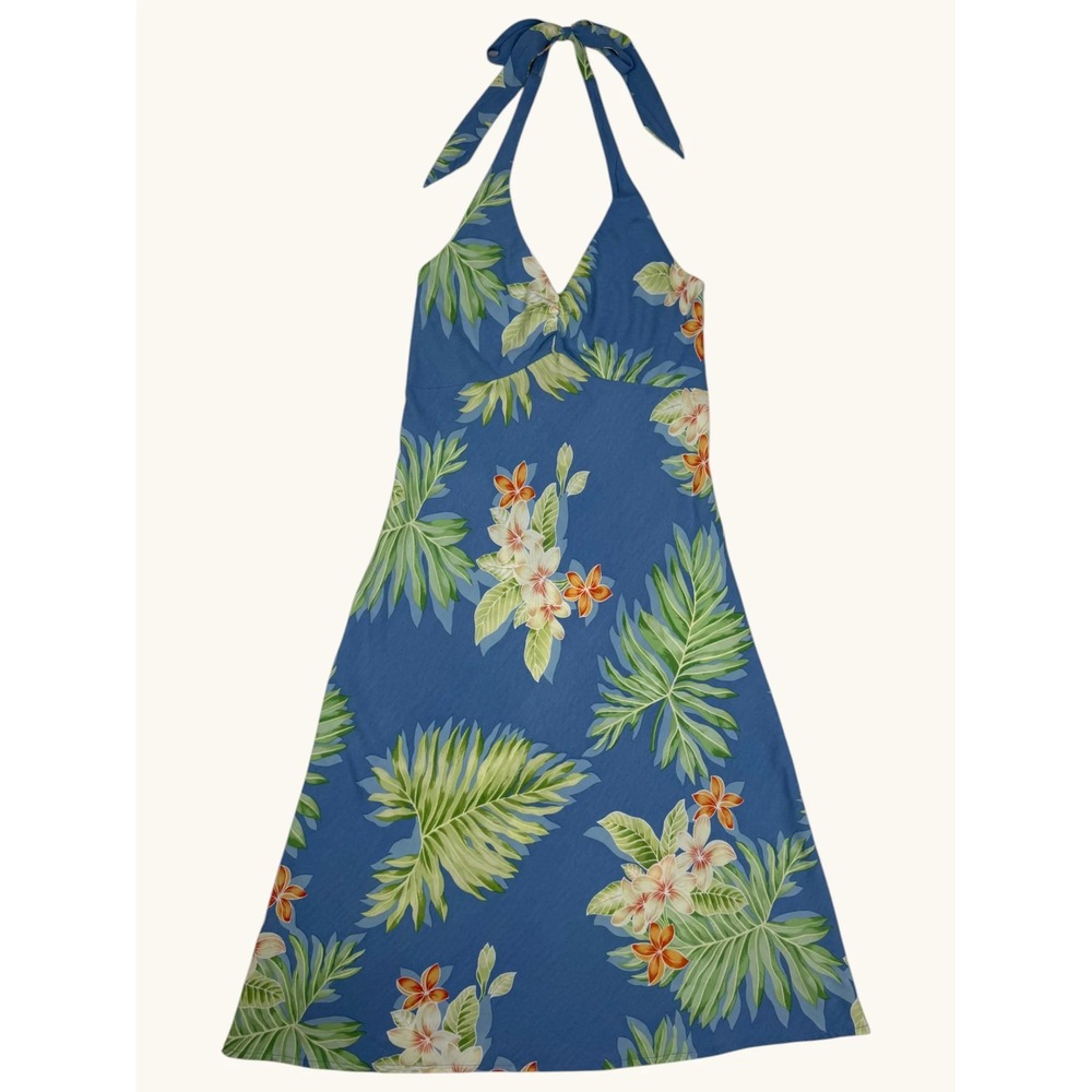 Kaua'iana Hawaii Blue Tropical Floral Palm Halter Midi Dress Womens Small S